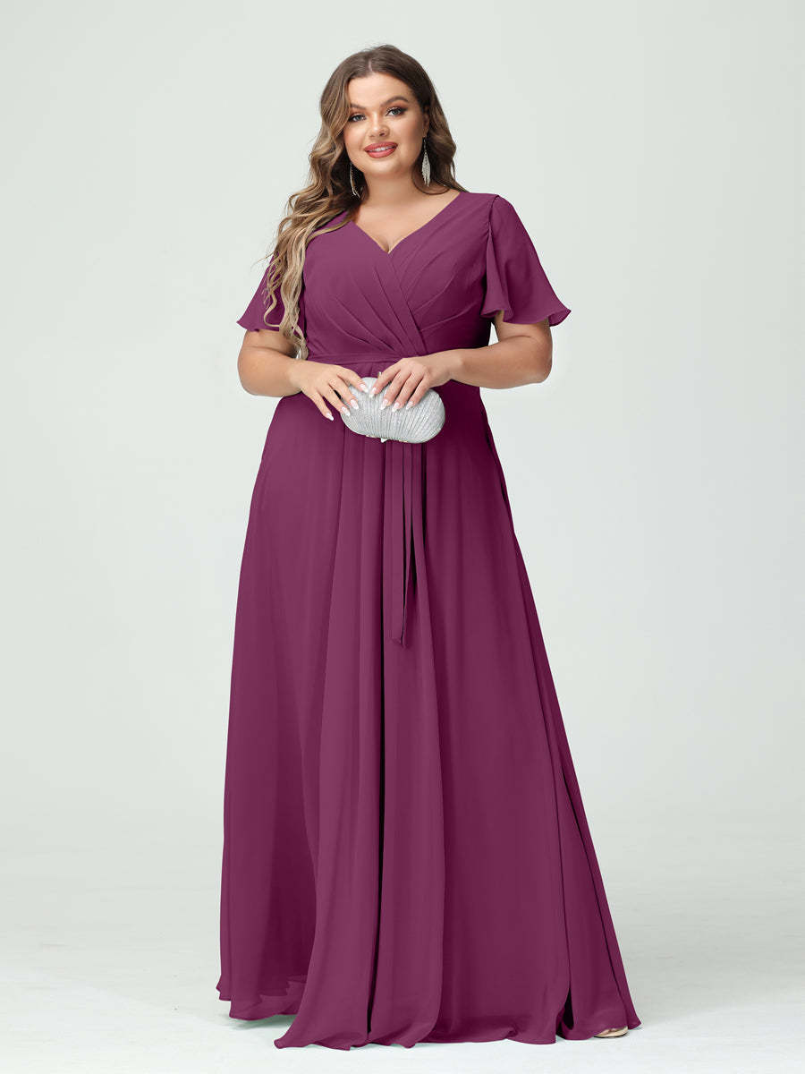 Plus Size V-Neck A-Line Bridesmaid Dress with Short Sleeves, Side Split, Pockets, and Belt