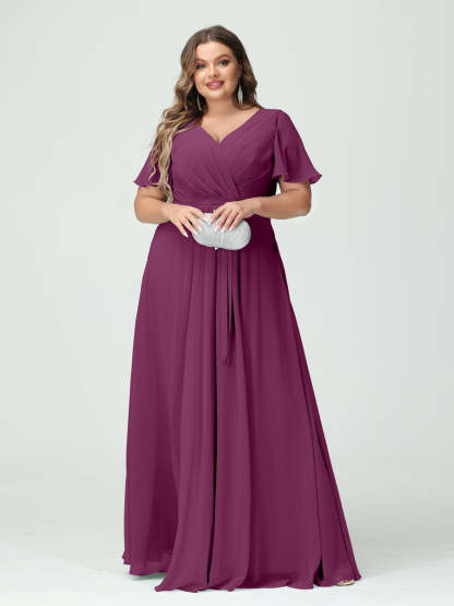 Plus Size V-Neck A-Line Bridesmaid Dress with Short Sleeves, Side Split, Pockets, and Belt