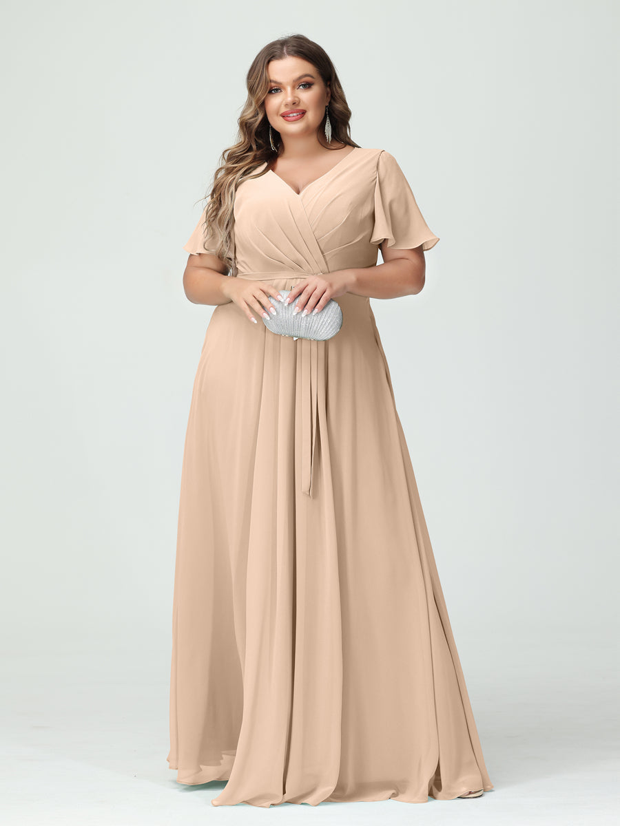 Plus Size V-Neck A-Line Bridesmaid Dress with Short Sleeves, Side Split, Pockets, and Belt