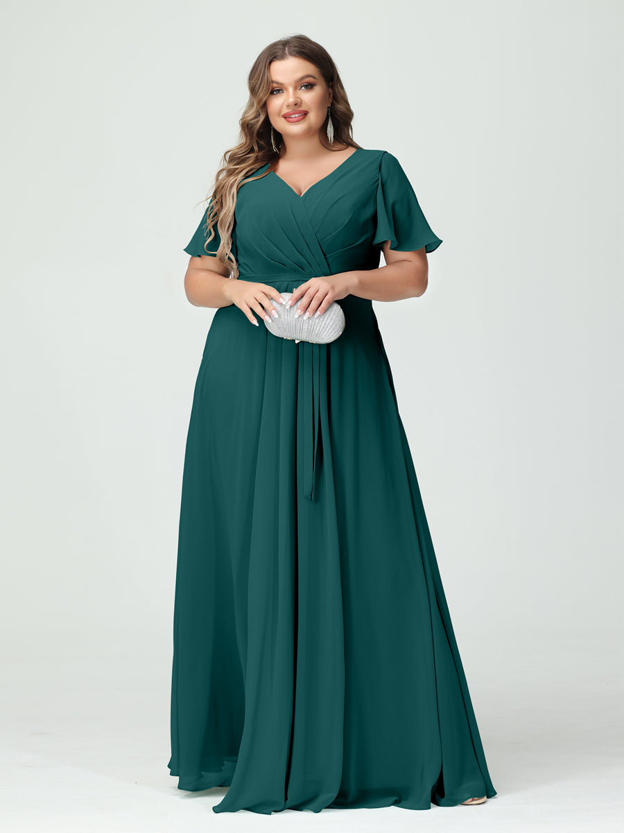 Plus Size V-Neck A-Line Bridesmaid Dress with Short Sleeves, Side Split, Pockets, and Belt