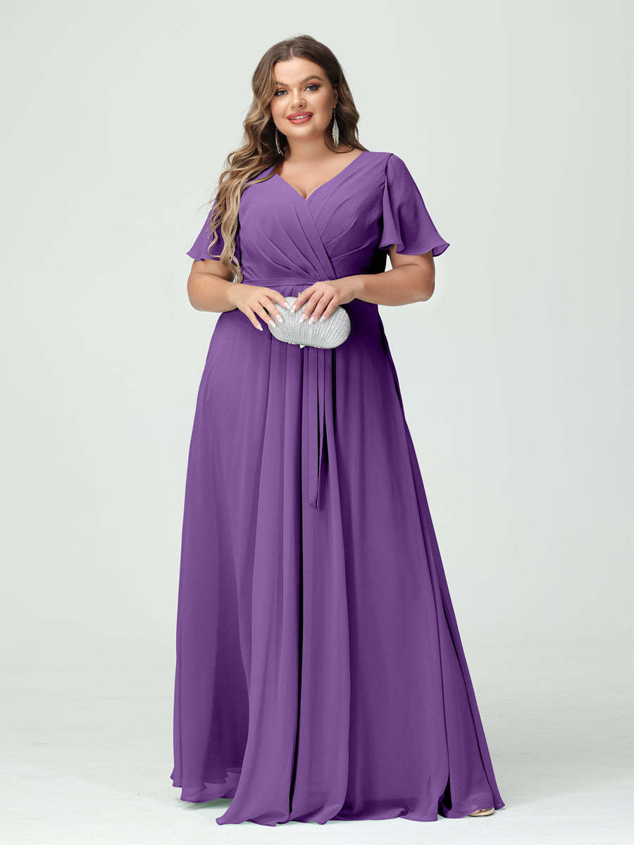 Plus Size V-Neck A-Line Bridesmaid Dress with Short Sleeves, Side Split, Pockets, and Belt
