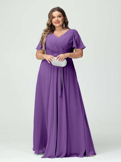 Plus Size V-Neck A-Line Bridesmaid Dress with Short Sleeves, Side Split, Pockets, and Belt