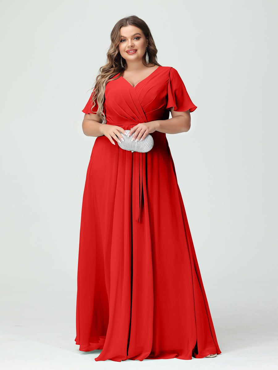 Plus Size V-Neck A-Line Bridesmaid Dress with Short Sleeves, Side Split, Pockets, and Belt