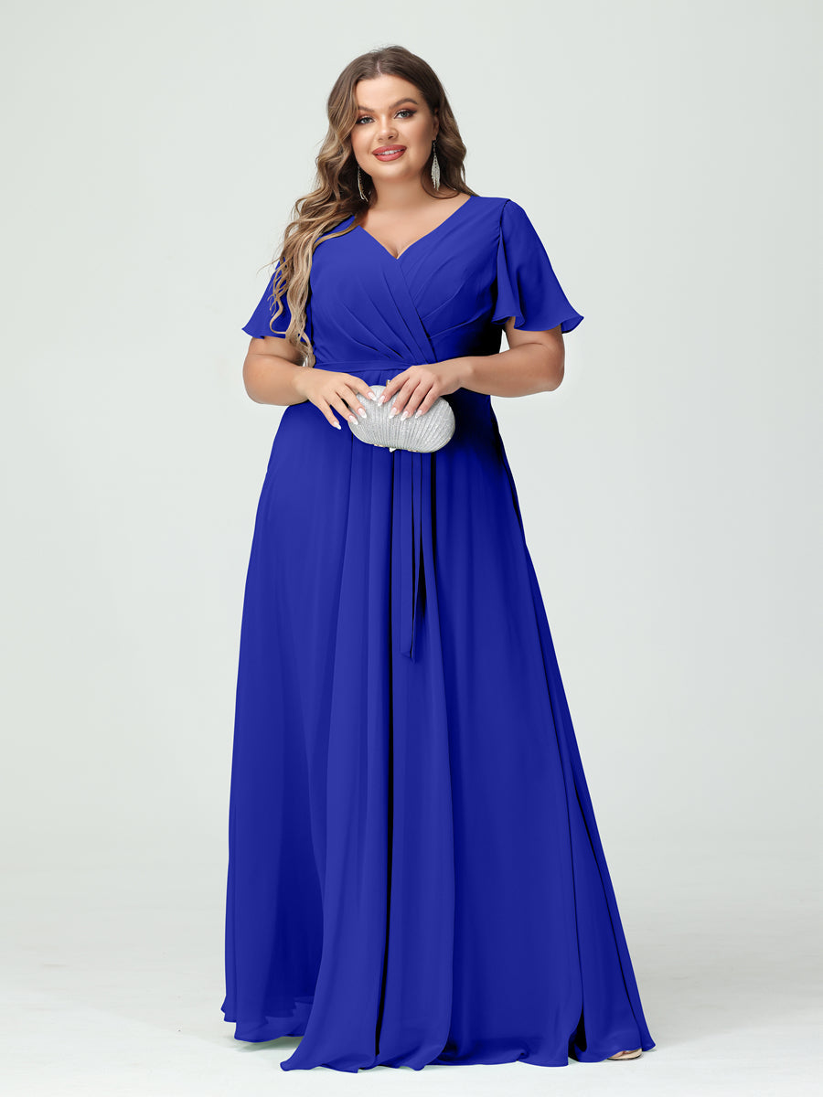 Plus Size V-Neck A-Line Bridesmaid Dress with Short Sleeves, Side Split, Pockets, and Belt