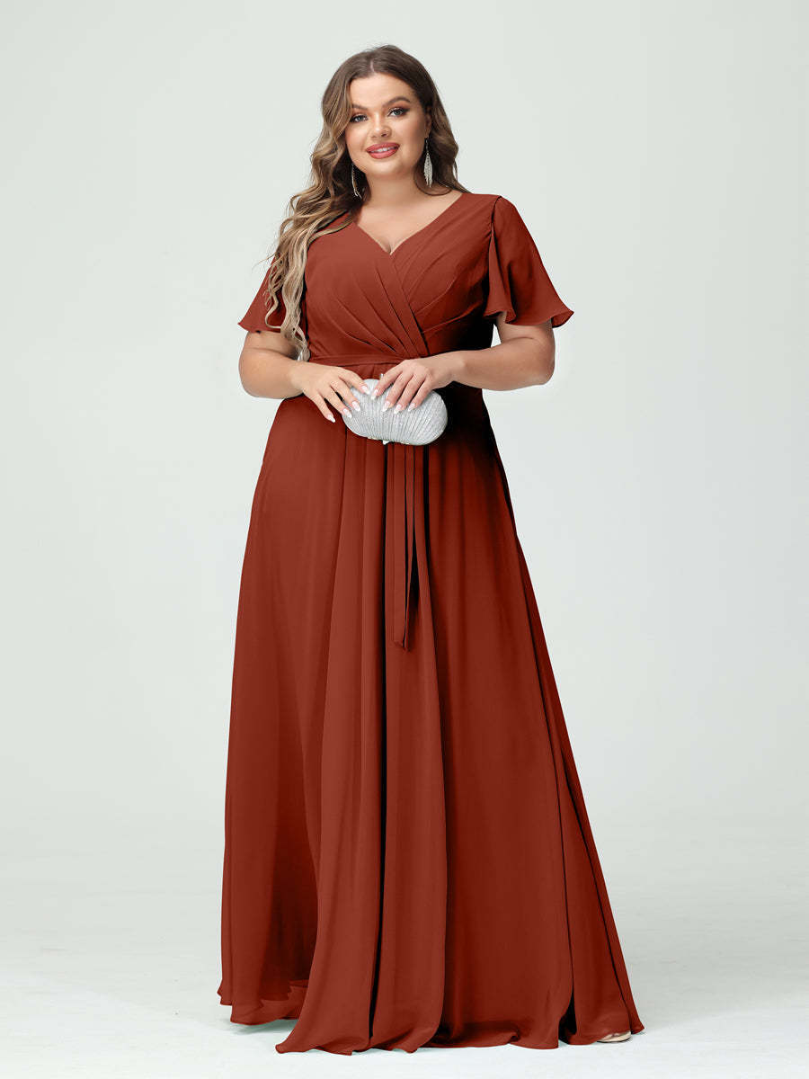Plus Size V-Neck A-Line Bridesmaid Dress with Short Sleeves, Side Split, Pockets, and Belt