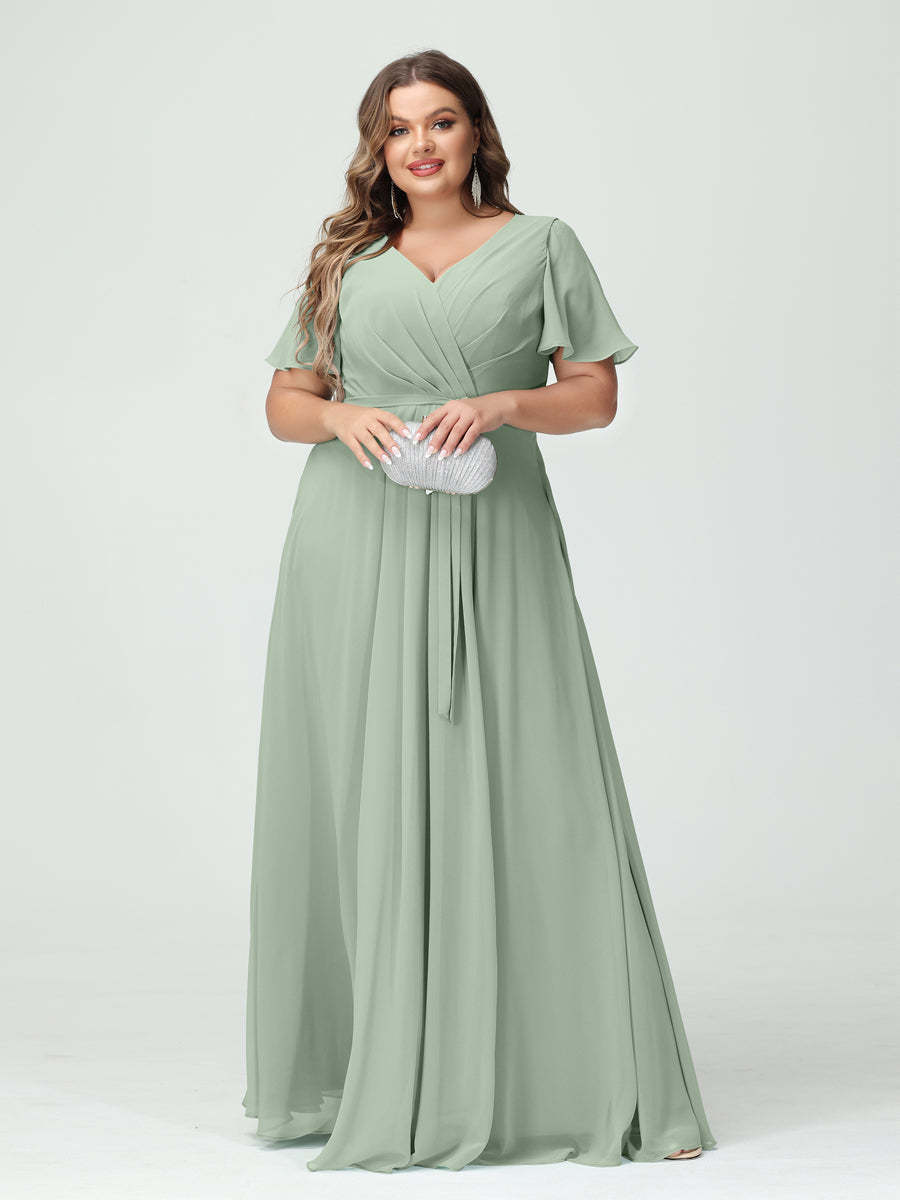 Plus Size V-Neck A-Line Bridesmaid Dress with Short Sleeves, Side Split, Pockets, and Belt