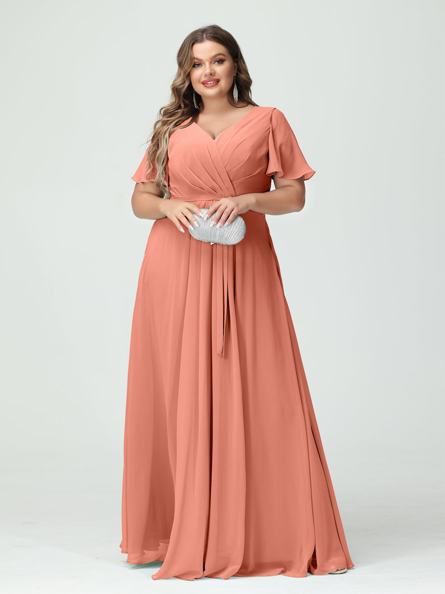 Plus Size V-Neck A-Line Bridesmaid Dress with Short Sleeves, Side Split, Pockets, and Belt