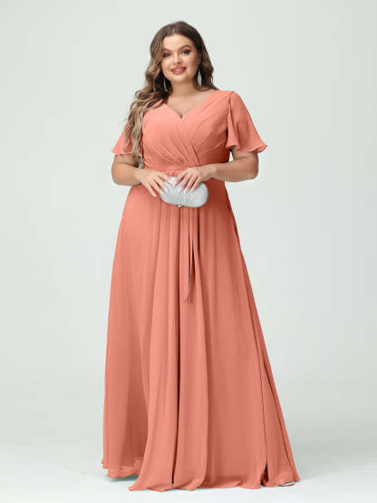 Plus Size V-Neck A-Line Bridesmaid Dress with Short Sleeves, Side Split, Pockets, and Belt