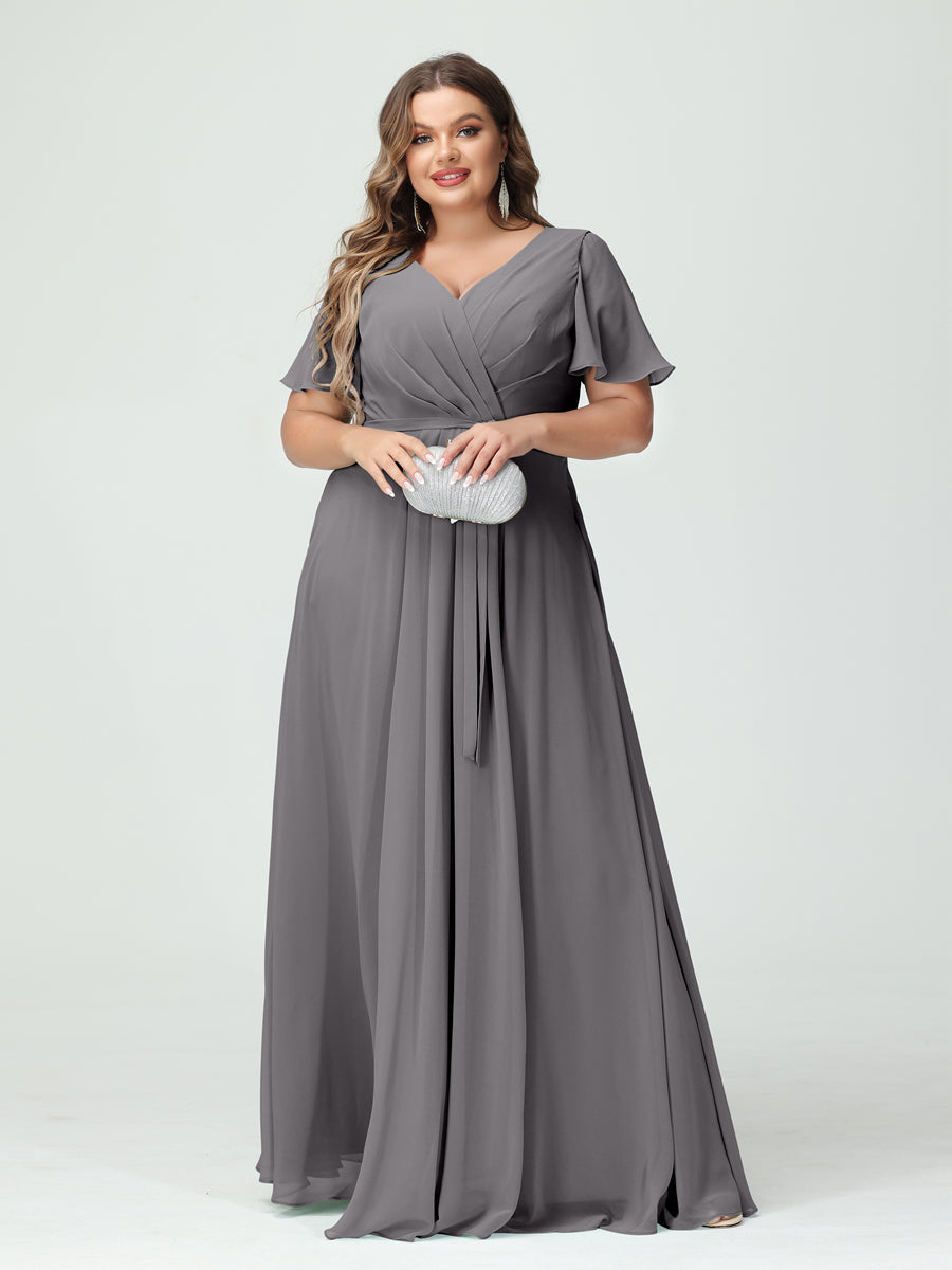 Plus Size V-Neck A-Line Bridesmaid Dress with Short Sleeves, Side Split, Pockets, and Belt