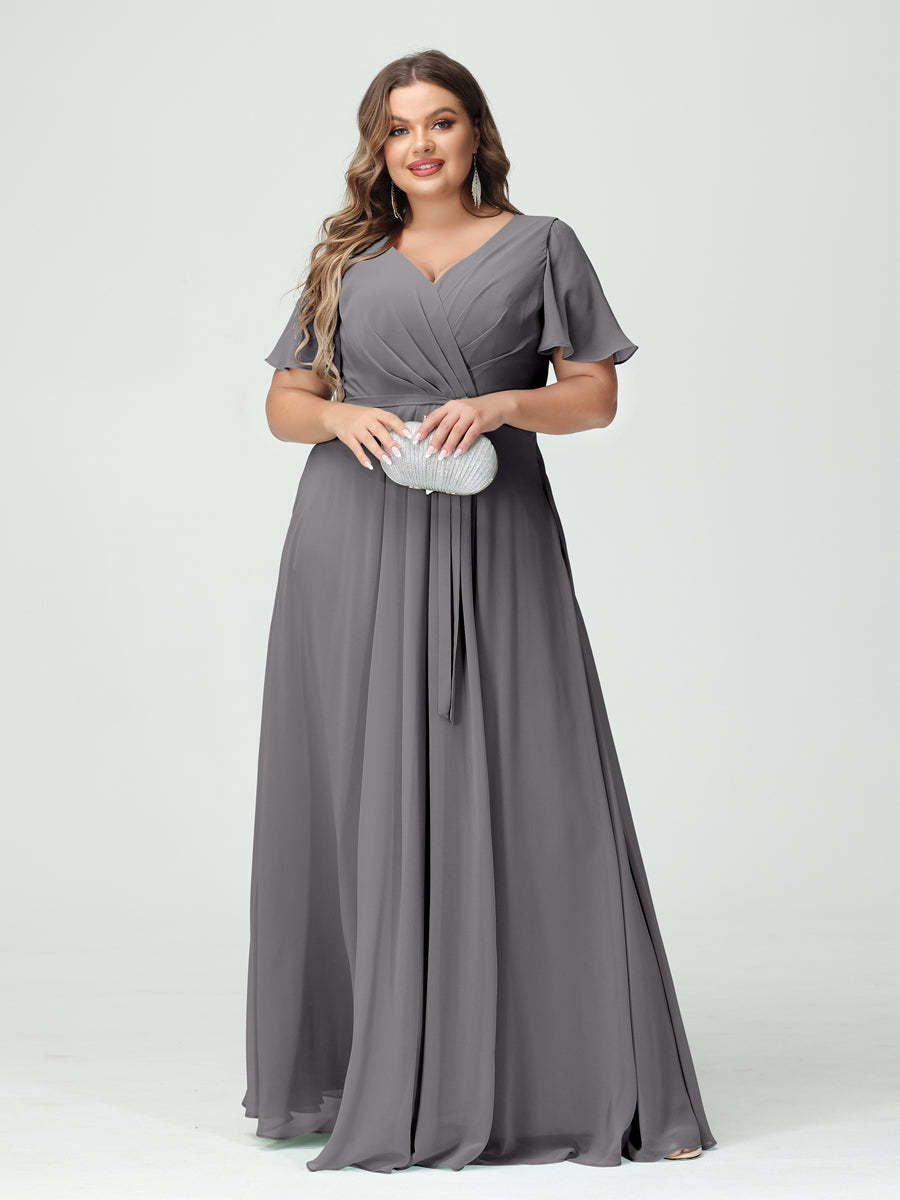 Plus Size V-Neck A-Line Bridesmaid Dress with Short Sleeves, Side Split, Pockets, and Belt