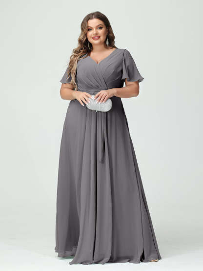 Plus Size V-Neck A-Line Bridesmaid Dress with Short Sleeves, Side Split, Pockets, and Belt