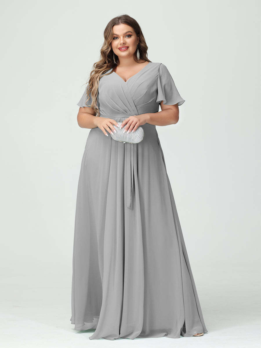 Plus Size V-Neck A-Line Bridesmaid Dress with Short Sleeves, Side Split, Pockets, and Belt