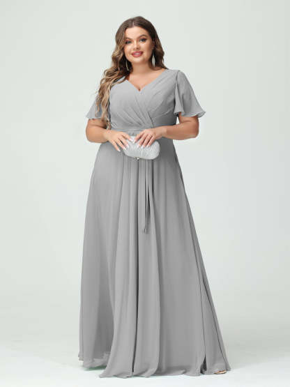 Plus Size V-Neck A-Line Bridesmaid Dress with Short Sleeves, Side Split, Pockets, and Belt
