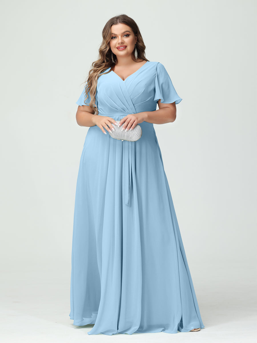 Plus Size V-Neck A-Line Bridesmaid Dress with Short Sleeves, Side Split, Pockets, and Belt