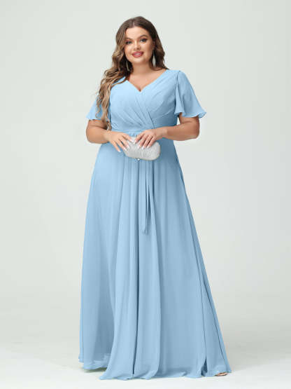 Plus Size V-Neck A-Line Bridesmaid Dress with Short Sleeves, Side Split, Pockets, and Belt