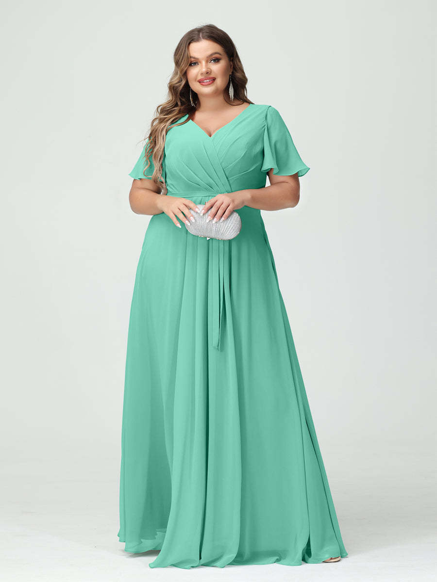 Plus Size V-Neck A-Line Bridesmaid Dress with Short Sleeves, Side Split, Pockets, and Belt