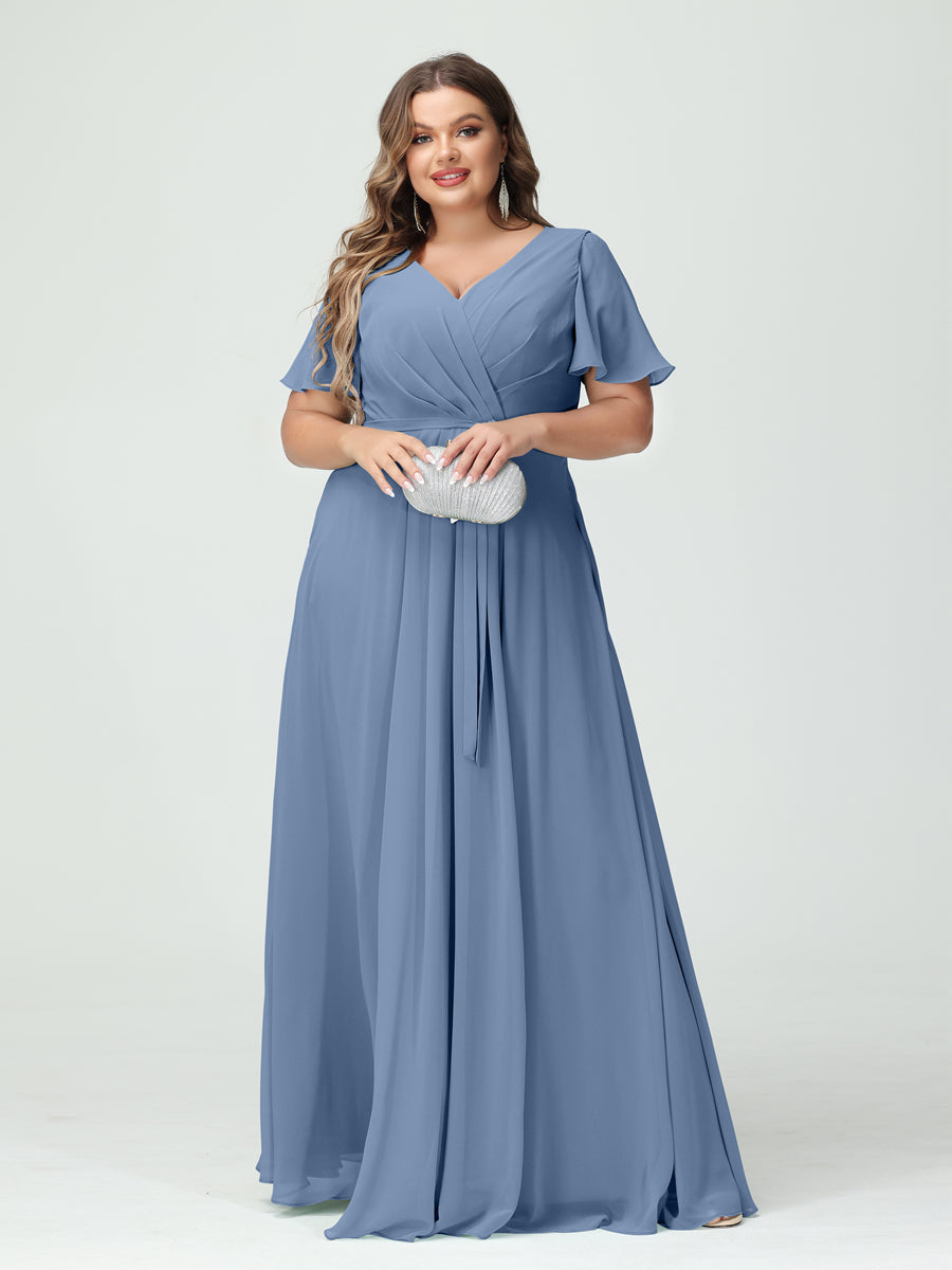 Plus Size V-Neck A-Line Bridesmaid Dress with Short Sleeves, Side Split, Pockets, and Belt