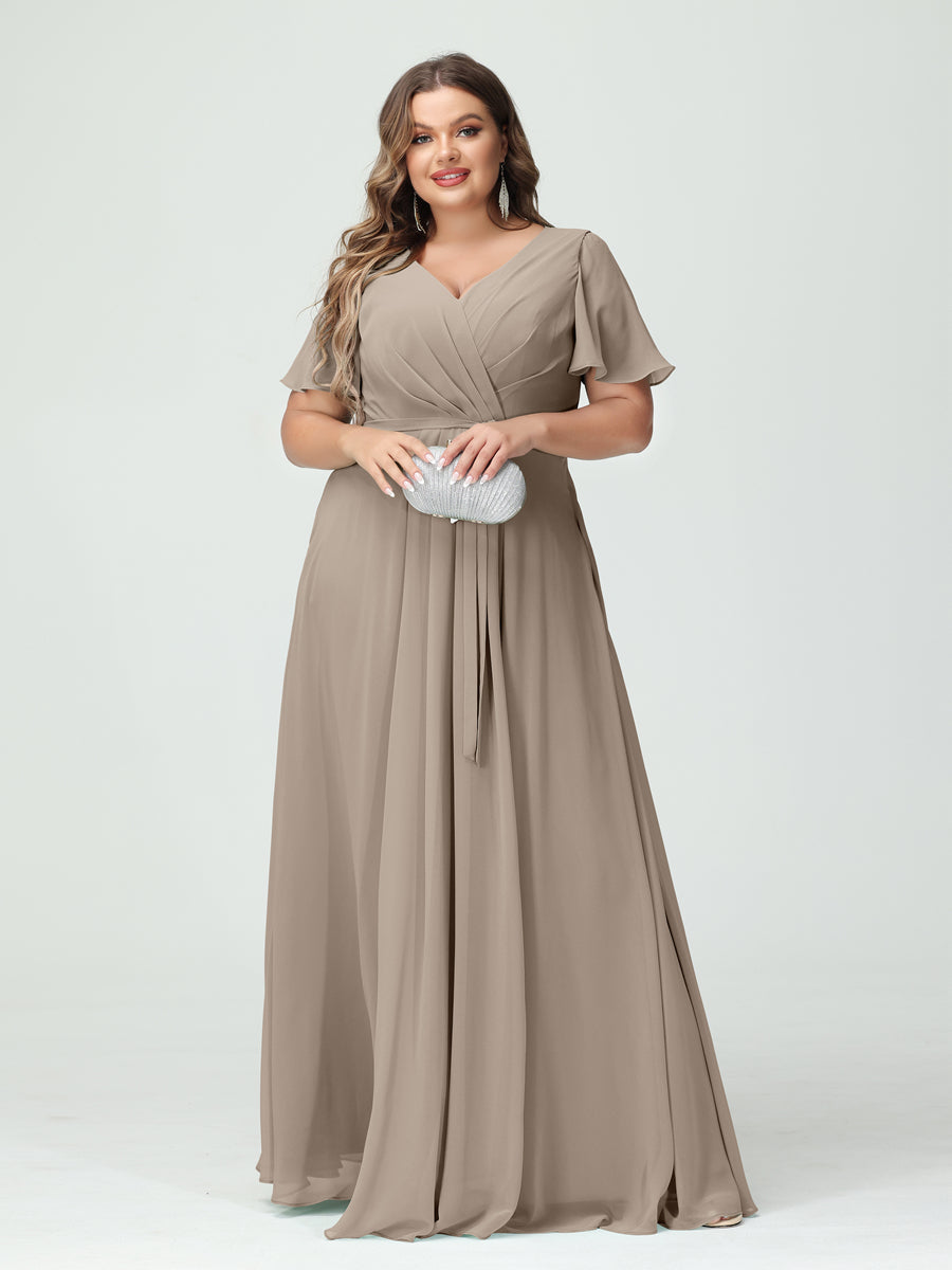 Plus Size V-Neck A-Line Bridesmaid Dress with Short Sleeves, Side Split, Pockets, and Belt