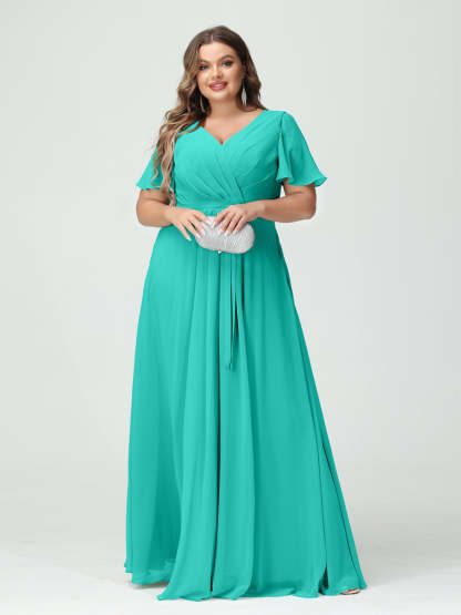 Plus Size V-Neck A-Line Bridesmaid Dress with Short Sleeves, Side Split, Pockets, and Belt
