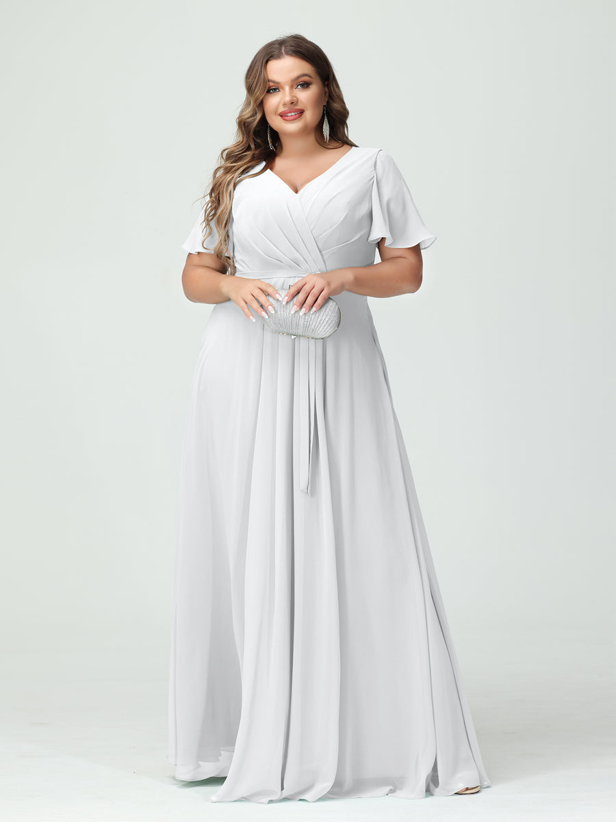 Plus Size V-Neck A-Line Bridesmaid Dress with Short Sleeves, Side Split, Pockets, and Belt