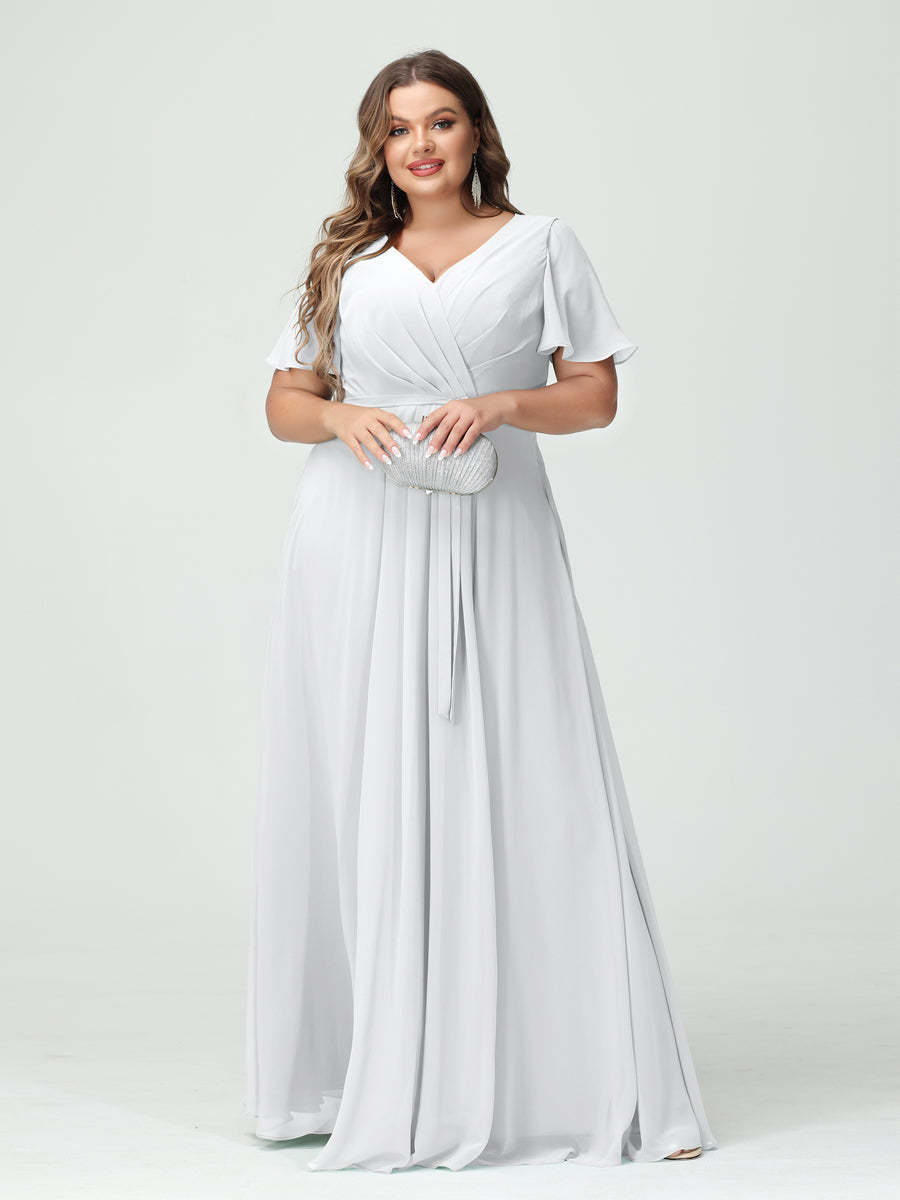 Plus Size V-Neck A-Line Bridesmaid Dress with Short Sleeves, Side Split, Pockets, and Belt