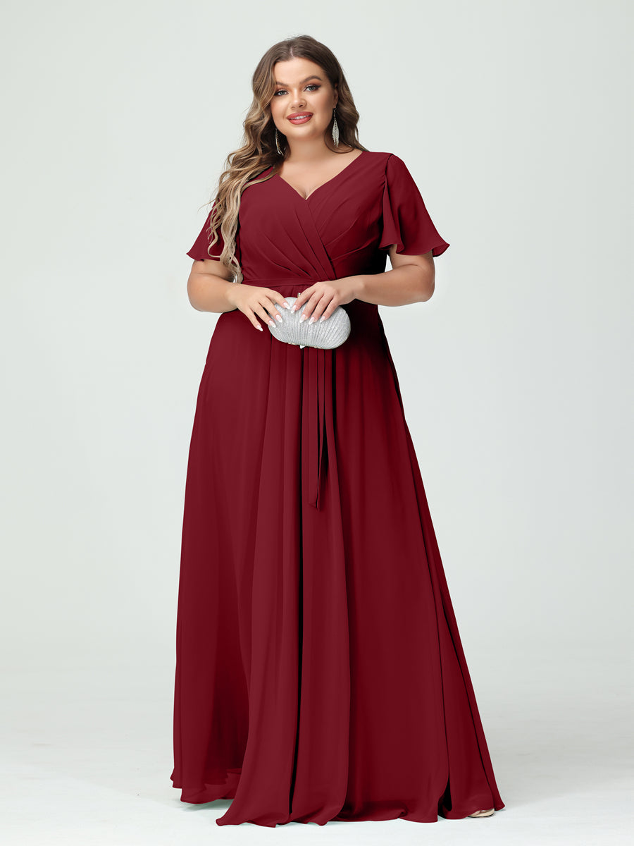 Plus Size V-Neck A-Line Bridesmaid Dress with Short Sleeves, Side Split, Pockets, and Belt