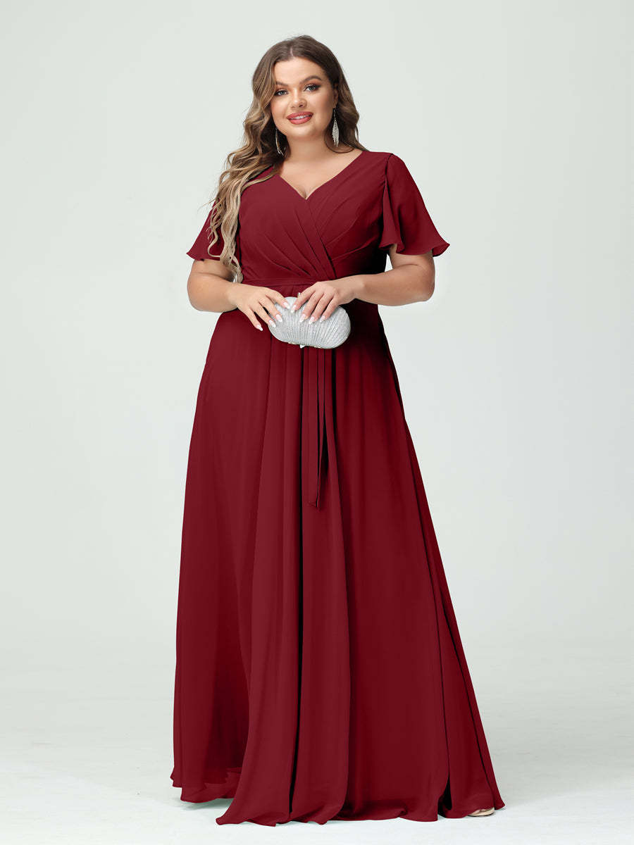Plus Size V-Neck A-Line Bridesmaid Dress with Short Sleeves, Side Split, Pockets, and Belt