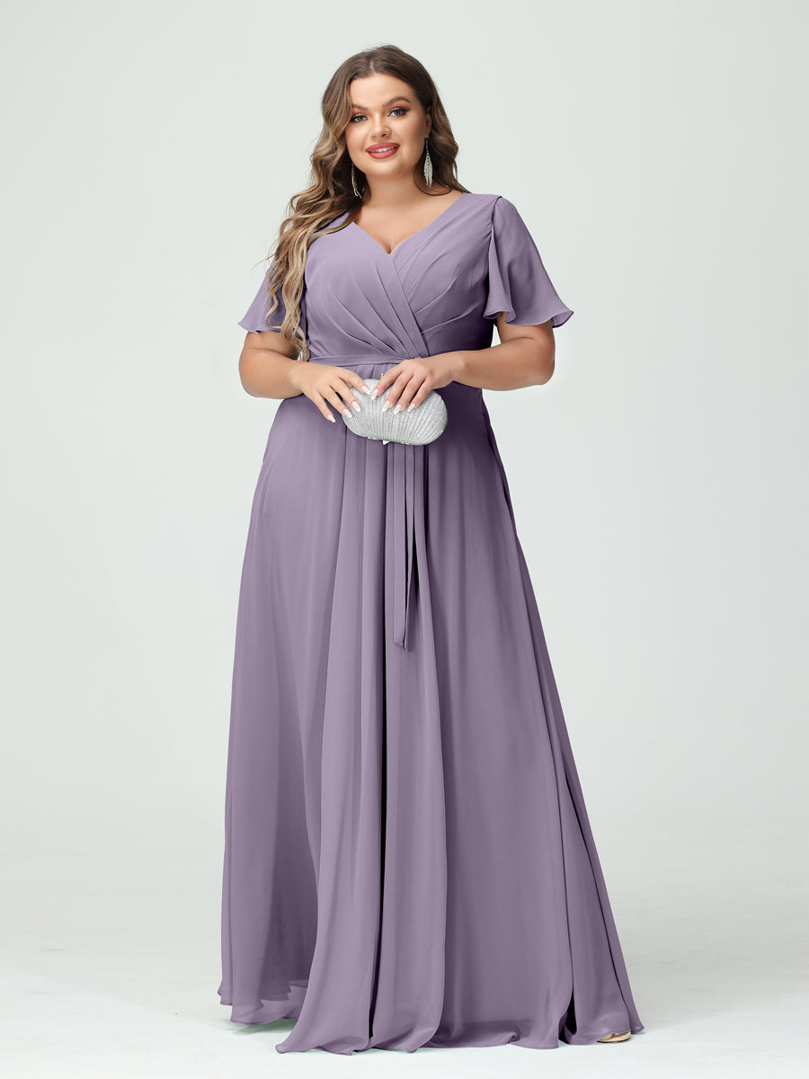 Plus Size V-Neck A-Line Bridesmaid Dress with Short Sleeves, Side Split, Pockets, and Belt