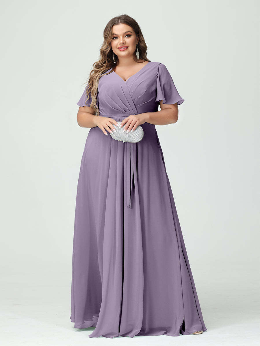 Plus Size V-Neck A-Line Bridesmaid Dress with Short Sleeves, Side Split, Pockets, and Belt