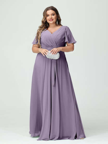 Plus Size V-Neck A-Line Bridesmaid Dress with Short Sleeves, Side Split, Pockets, and Belt