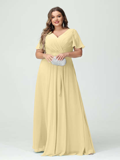 Plus Size V-Neck A-Line Bridesmaid Dress with Short Sleeves, Side Split, Pockets, and Belt