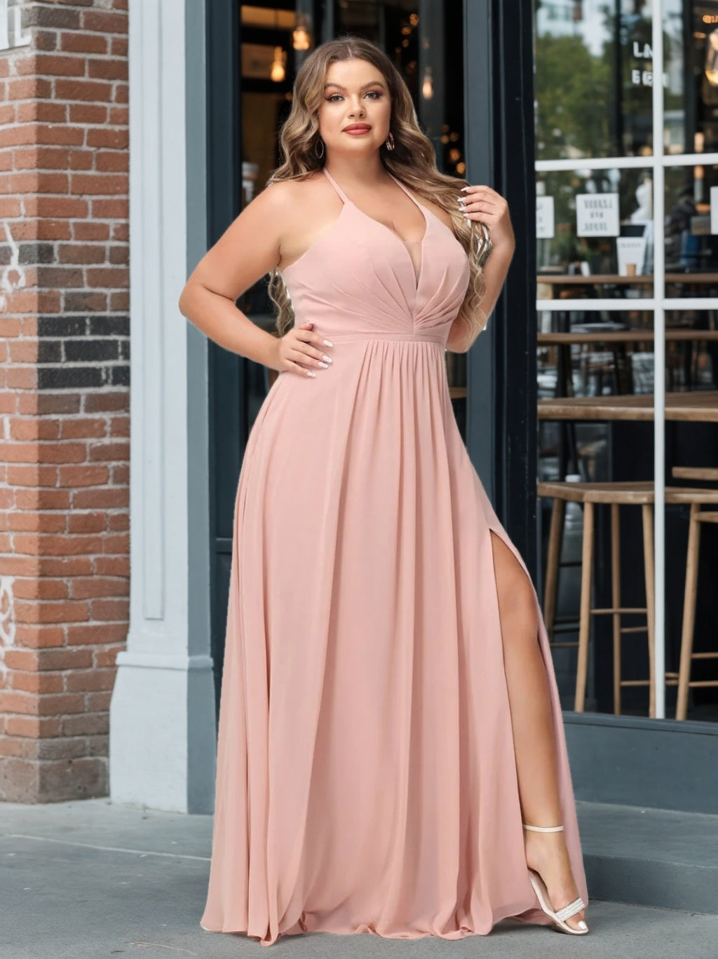 Plus Size Halter A-Line Princess Bridesmaid Dress with Side Split and Pockets, Floor-Length & Sleeveless-BMbridal.UK
