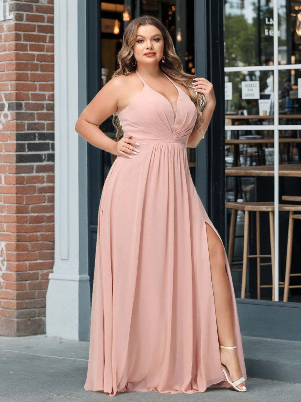 Plus Size Halter A-Line Princess Bridesmaid Dress with Side Split and Pockets, Floor-Length & Sleeveless-BMbridal.UK
