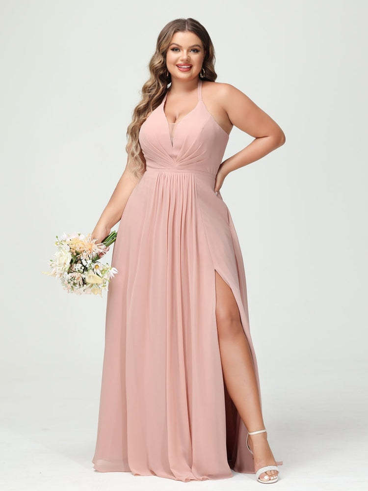 Plus Size Halter A-Line Princess Bridesmaid Dress with Side Split and Pockets, Floor-Length & Sleeveless-BMbridal.UK