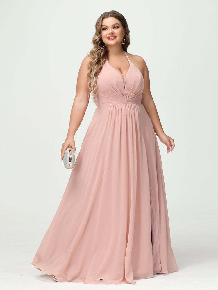 Plus Size Halter A-Line Princess Bridesmaid Dress with Side Split and Pockets, Floor-Length & Sleeveless-BMbridal.UK