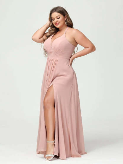 Plus Size Halter A-Line Princess Bridesmaid Dress with Side Split and Pockets, Floor-Length & Sleeveless-BMbridal.UK
