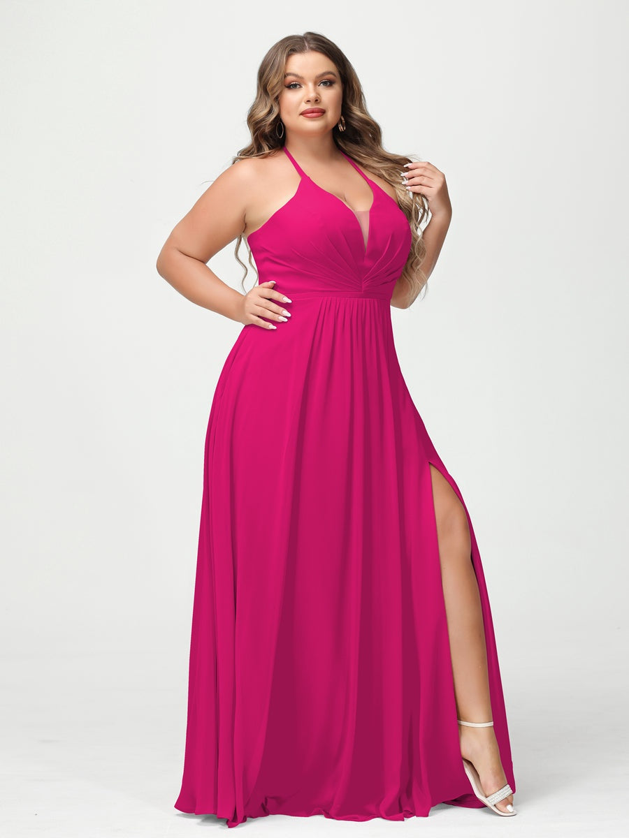 Plus Size Halter A-Line Princess Bridesmaid Dress with Side Split and Pockets, Floor-Length & Sleeveless-BMbridal.UK