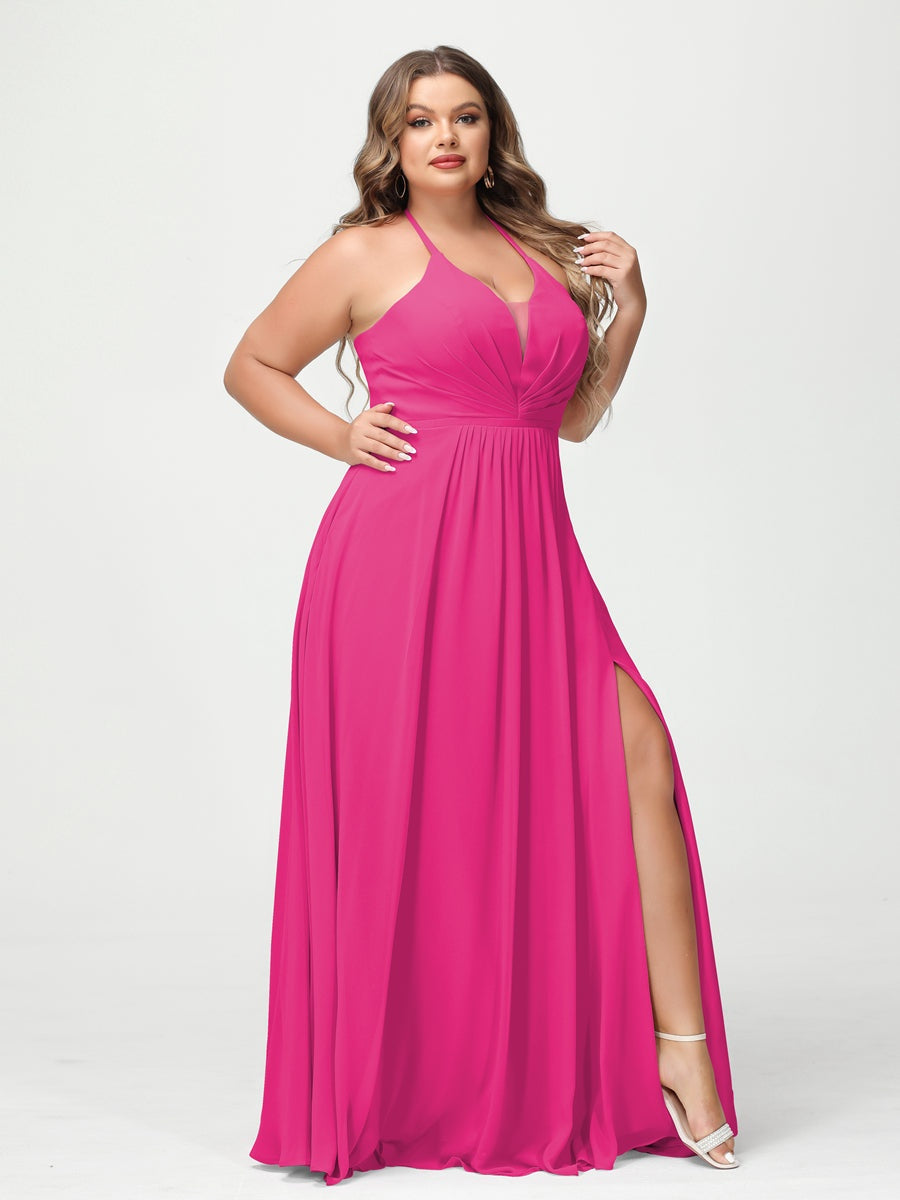 Plus Size Halter A-Line Princess Bridesmaid Dress with Side Split and Pockets, Floor-Length & Sleeveless-BMbridal.UK
