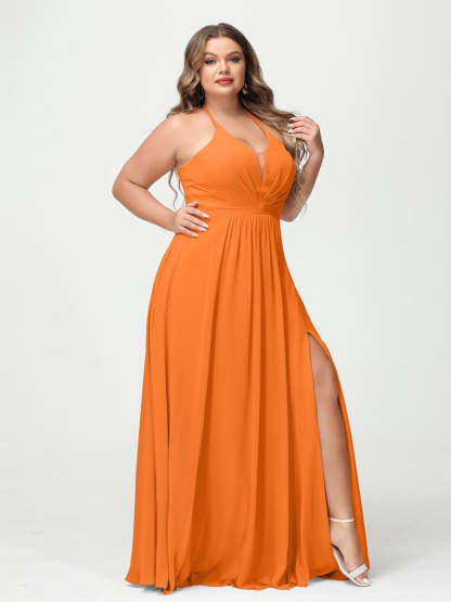 Plus Size Halter A-Line Princess Bridesmaid Dress with Side Split and Pockets, Floor-Length & Sleeveless-BMbridal.UK