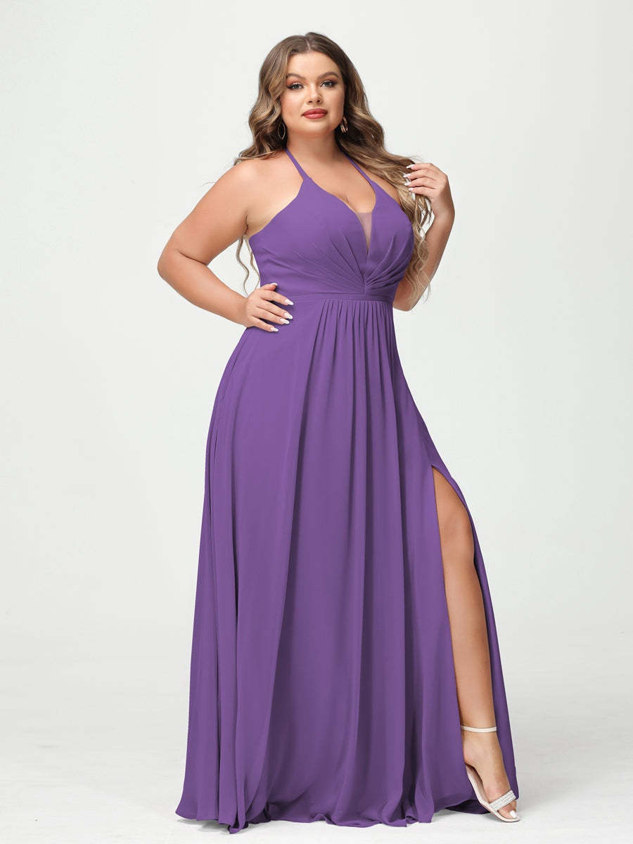 Plus Size Halter A-Line Princess Bridesmaid Dress with Side Split and Pockets, Floor-Length & Sleeveless-BMbridal.UK