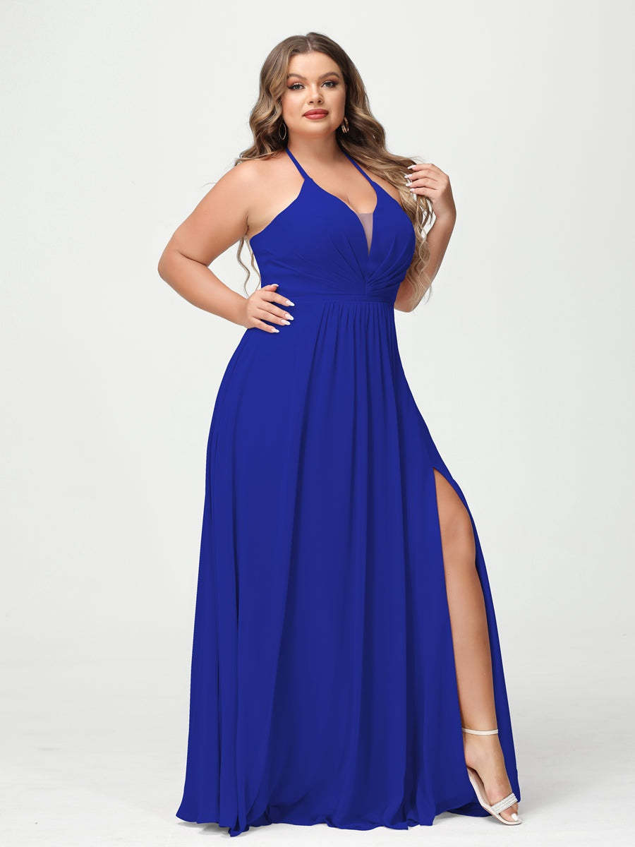 Plus Size Halter A-Line Princess Bridesmaid Dress with Side Split and Pockets, Floor-Length & Sleeveless-BMbridal.UK