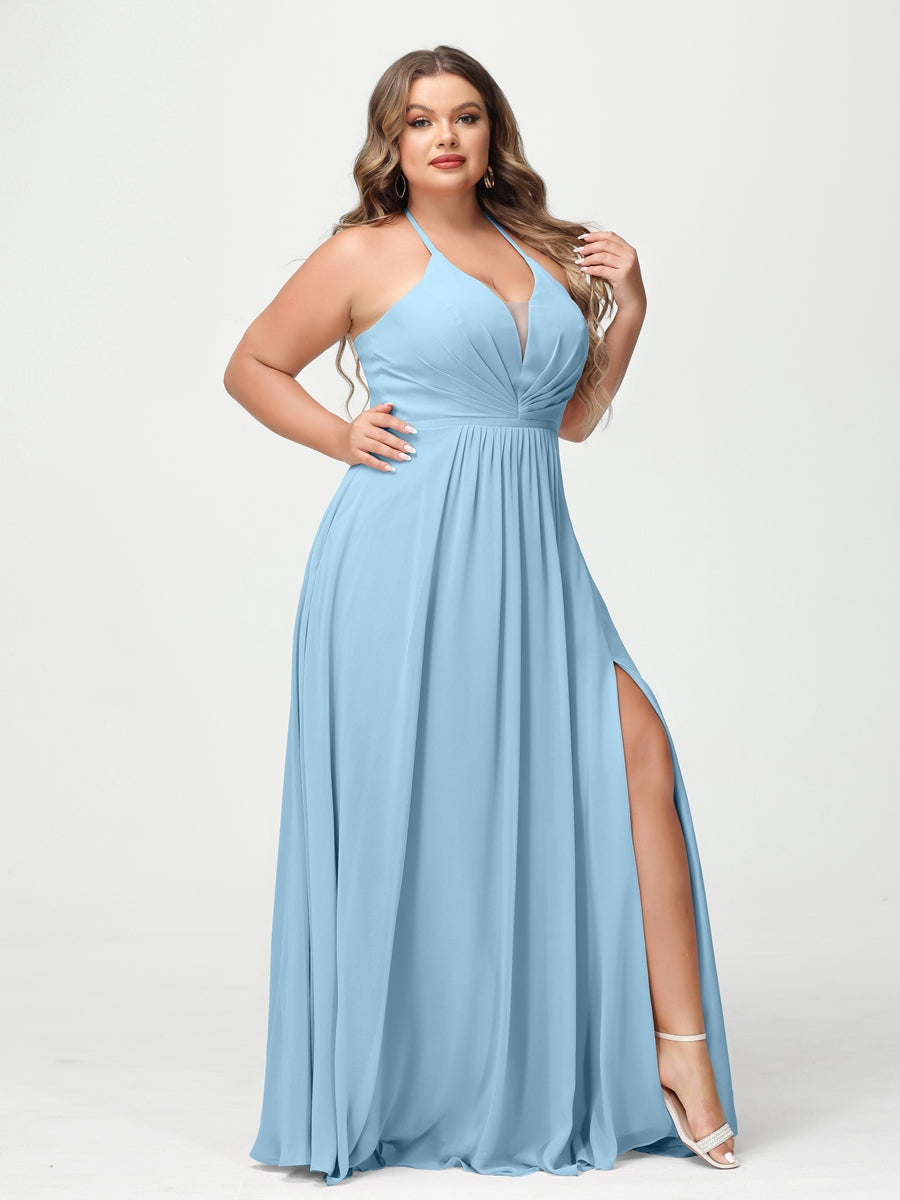 Plus Size Halter A-Line Princess Bridesmaid Dress with Side Split and Pockets, Floor-Length & Sleeveless-BMbridal.UK