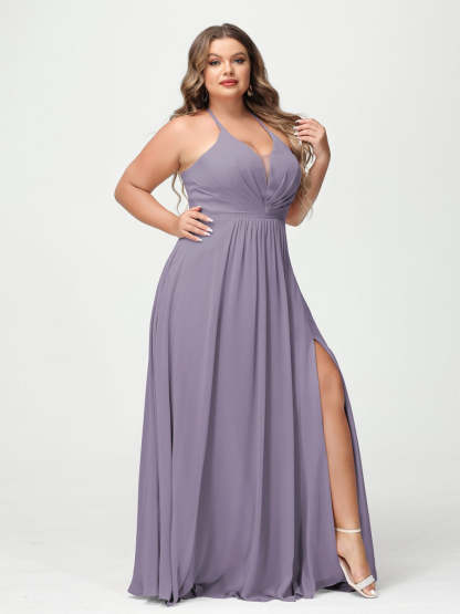 Plus Size Halter A-Line Princess Bridesmaid Dress with Side Split and Pockets, Floor-Length & Sleeveless-BMbridal.UK