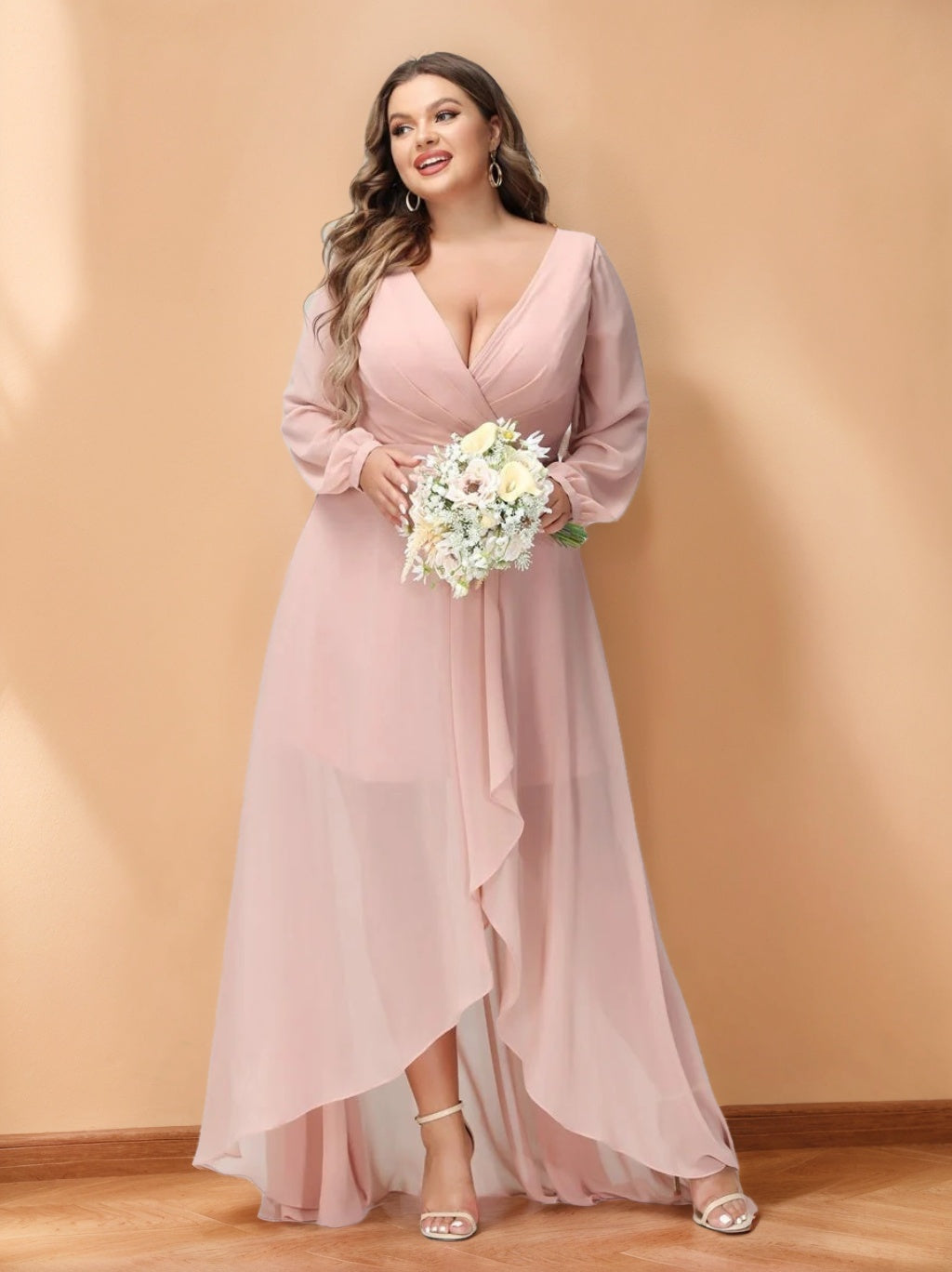 Plus Size Asymmetrical A-Line Bridesmaid Dress with V-Neck and Long Sleeves, Featuring Pockets