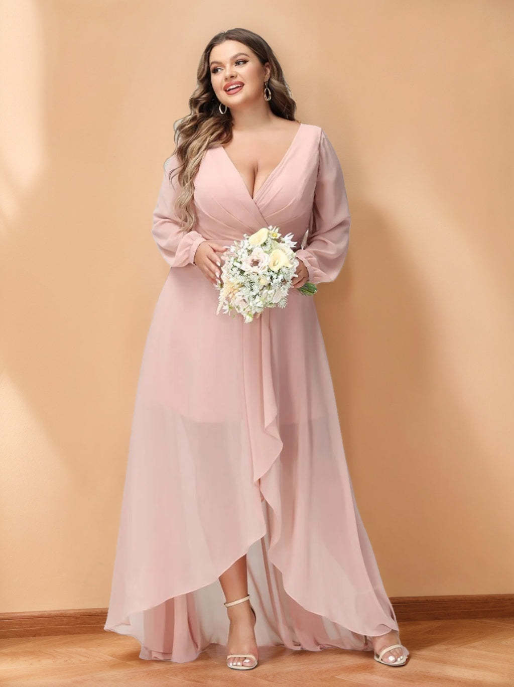 Plus Size Asymmetrical A-Line Bridesmaid Dress with V-Neck and Long Sleeves, Featuring Pockets