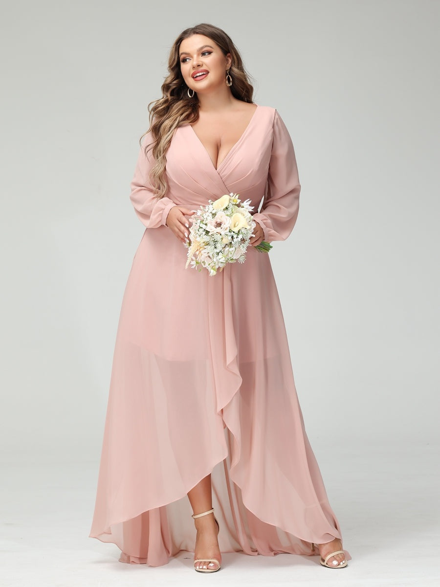 Plus Size Asymmetrical A-Line Bridesmaid Dress with V-Neck and Long Sleeves, Featuring Pockets