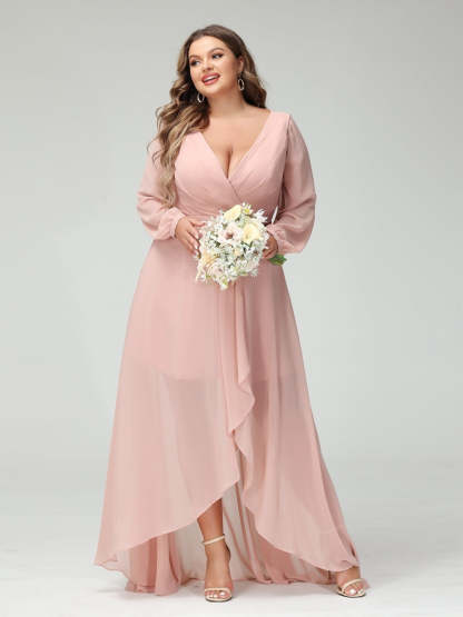 Plus Size Asymmetrical A-Line Bridesmaid Dress with V-Neck and Long Sleeves, Featuring Pockets