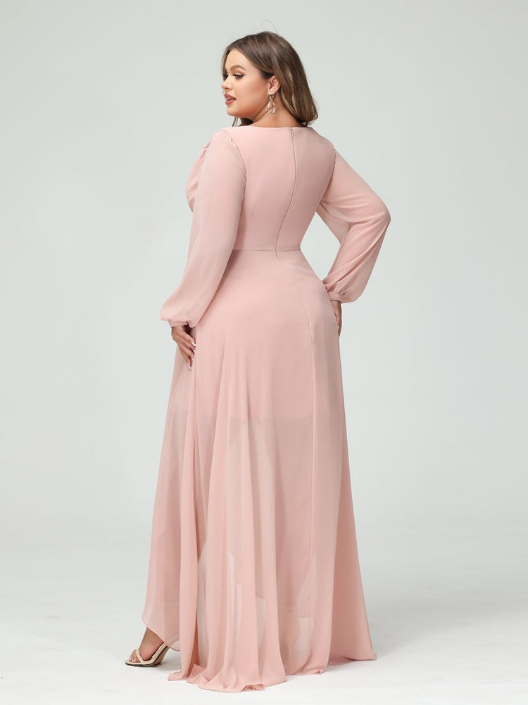 Plus Size Asymmetrical A-Line Bridesmaid Dress with V-Neck and Long Sleeves, Featuring Pockets