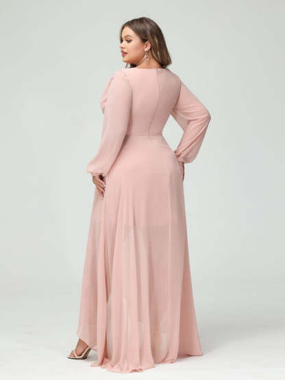 Plus Size Asymmetrical A-Line Bridesmaid Dress with V-Neck and Long Sleeves, Featuring Pockets