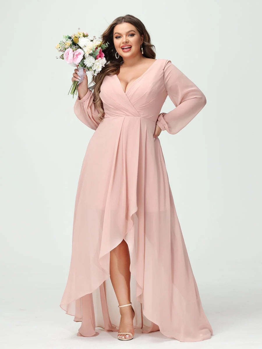 Plus Size Asymmetrical A-Line Bridesmaid Dress with V-Neck and Long Sleeves, Featuring Pockets